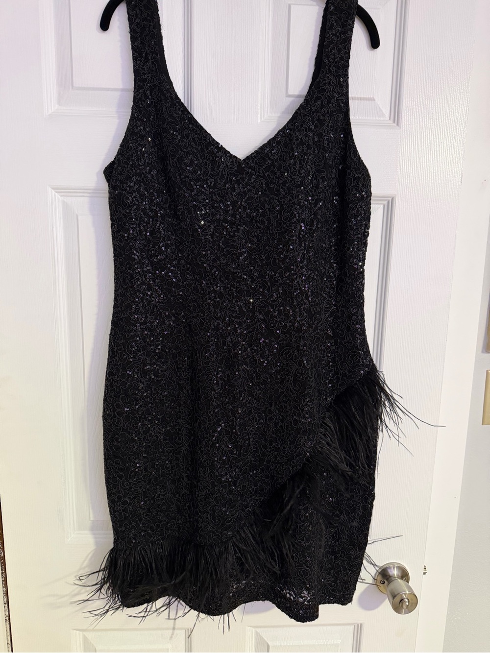 Laundry By Shelli Segal Black Beaded Mini Dress with Feather Trim